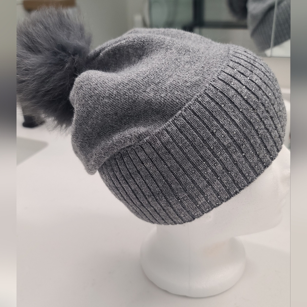 Grey slouchy knit crystal beanie with faux fur pompom